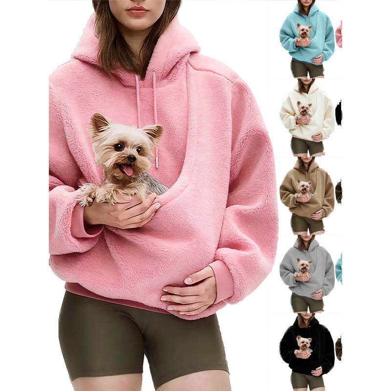 Women's Solid Colour Hooded Plush Pullover with Pet Pocket, 0.5 kg
