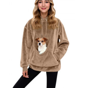 Solid Colour Hooded Plush Pullover with Pet Pocket and Double Pockets