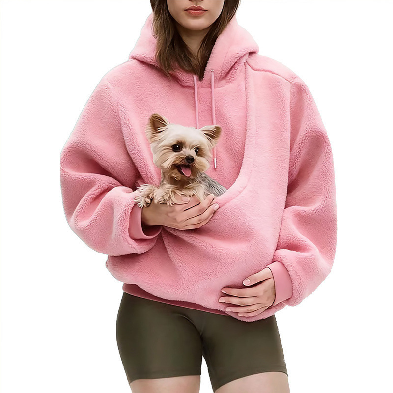 Women's Solid Colour Hooded Plush Pullover with Pet Pocket, 0.5 kg