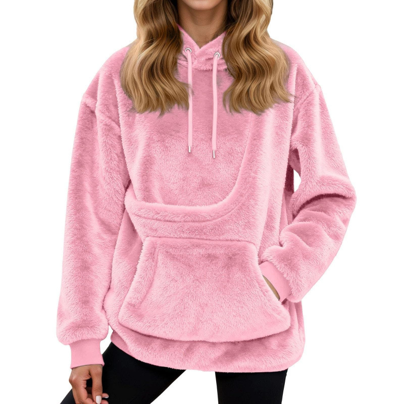 Solid Colour Hooded Plush Pullover with Pet Pocket and Double Pockets