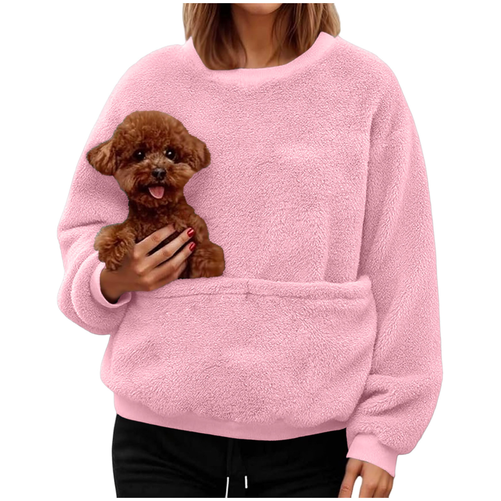 Women's Flannel Crewneck Pullover Hoodie with Pet Pocket