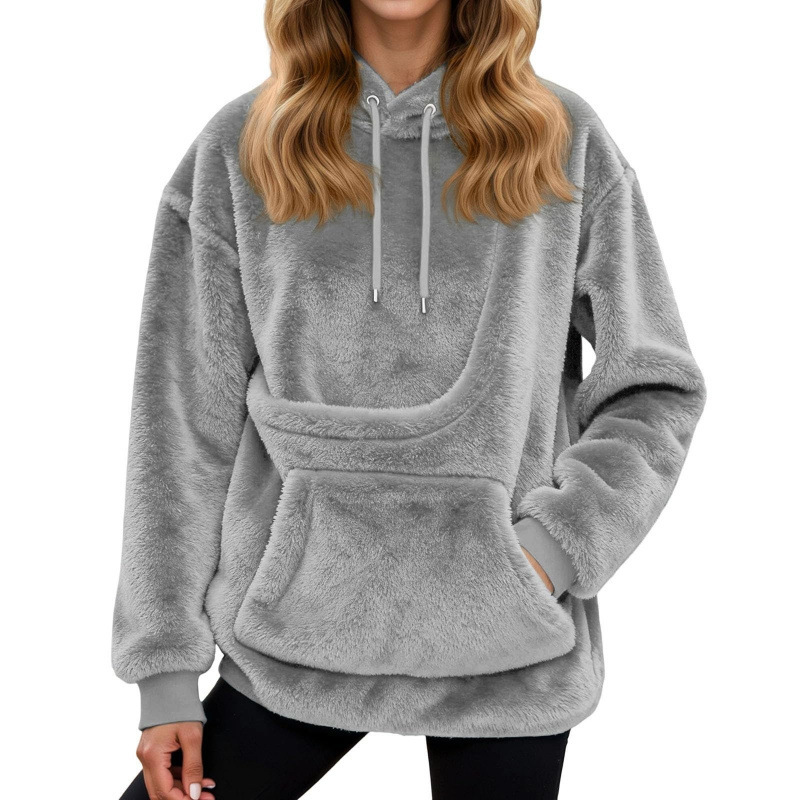 Solid Colour Hooded Plush Pullover with Pet Pocket and Double Pockets