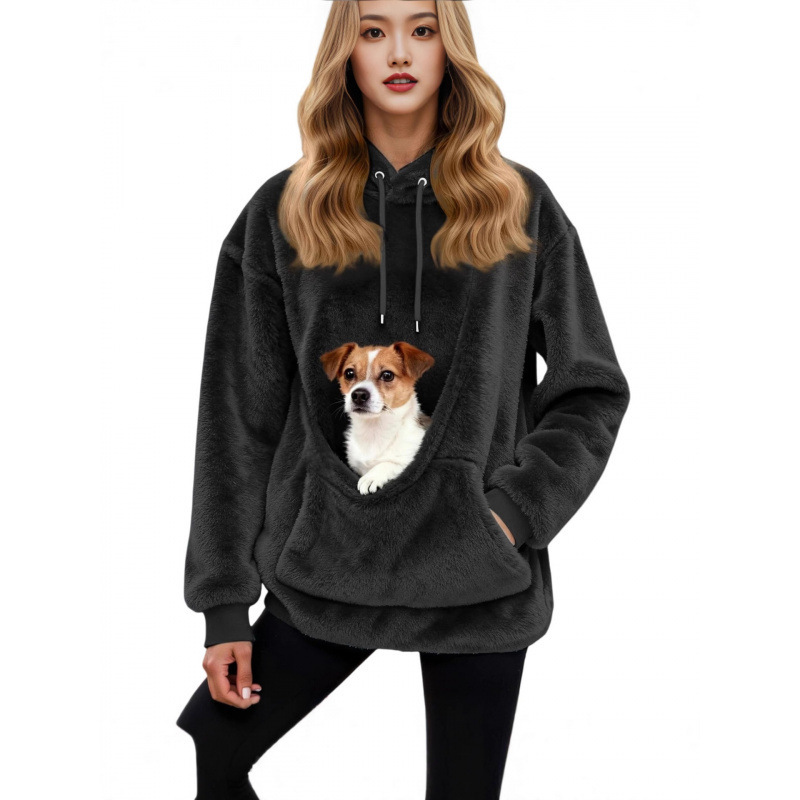 Solid Color Hooded Fleece Sweatshirt with Pet Pocket and Double Pockets - wholesale Pet Apparel & Accessories