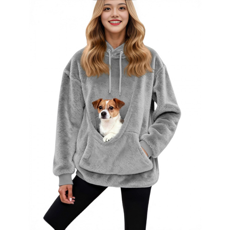 Solid Color Hooded Fleece Sweatshirt with Pet Pocket and Double Pockets - wholesale Pet Apparel & Accessories