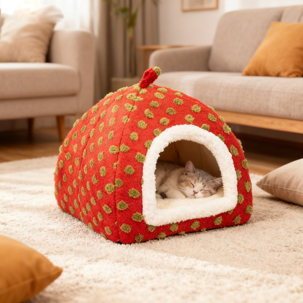 Enclosed Strawberry Yurt Cat Bed Warm Four Seasons - Image 4