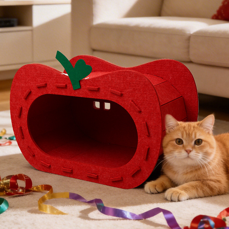 Felt Red Apple Cat Tunnel Bed Large - Image 2