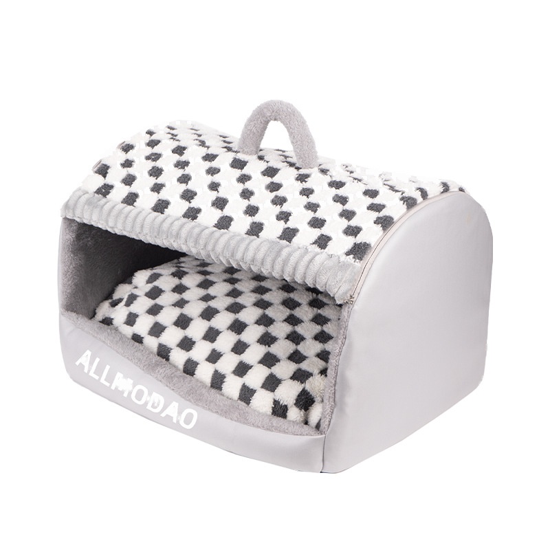 Winter Warm Enclosed Checkered Drawer Cat Bed Four Seasons - Image 5