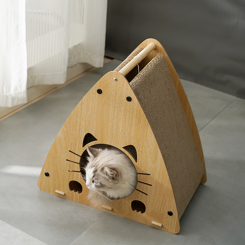 Solid Wood Triangular Corrugated Cat Scratcher House - Image 2
