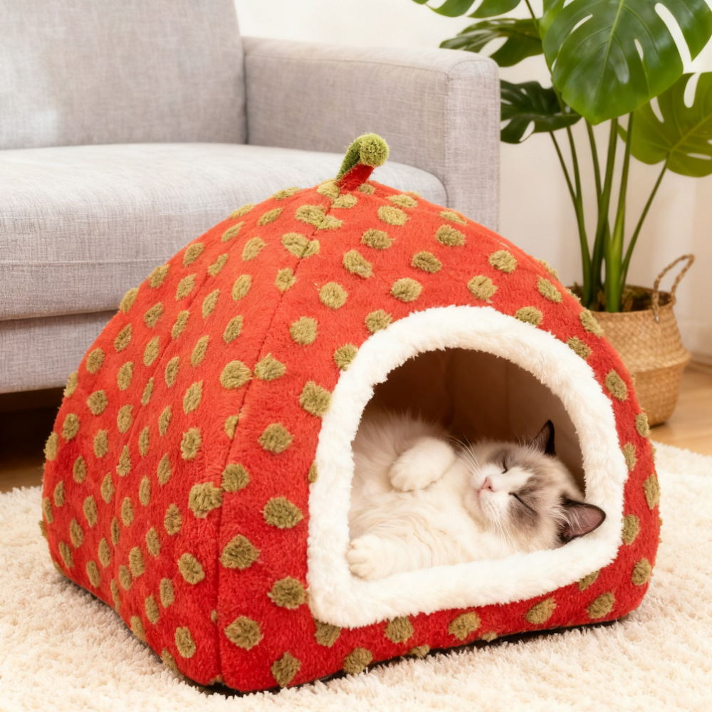 Enclosed Strawberry Yurt Cat Bed Warm Four Seasons