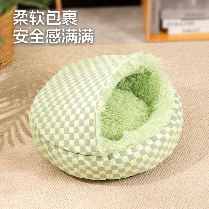 Long Plush Shell Hooded Cat Bed Semi Enclosed Winter Warm Pet Bed - Image 2