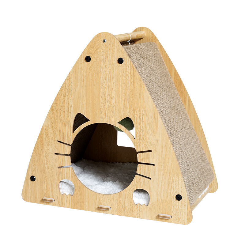 Solid Wood Triangular Corrugated Cat Scratcher House - Image 5