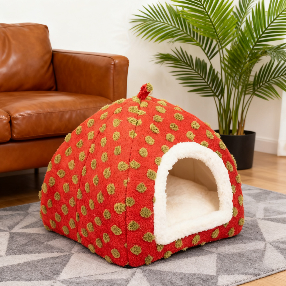 Enclosed Strawberry Yurt Cat Bed Warm Four Seasons - Image 2