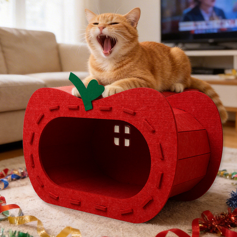 Felt Red Apple Cat Tunnel Bed Large - Image 3
