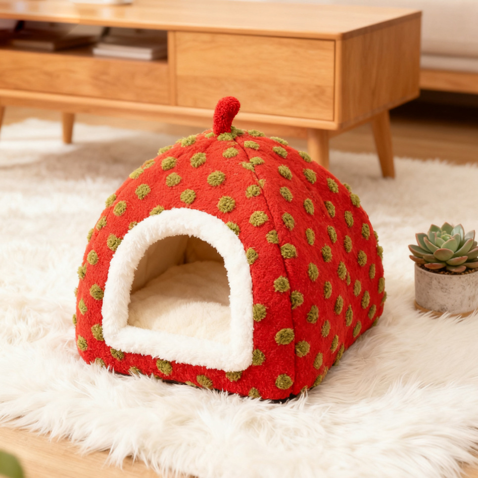 Enclosed Strawberry Yurt Cat Bed Warm Four Seasons - Image 3
