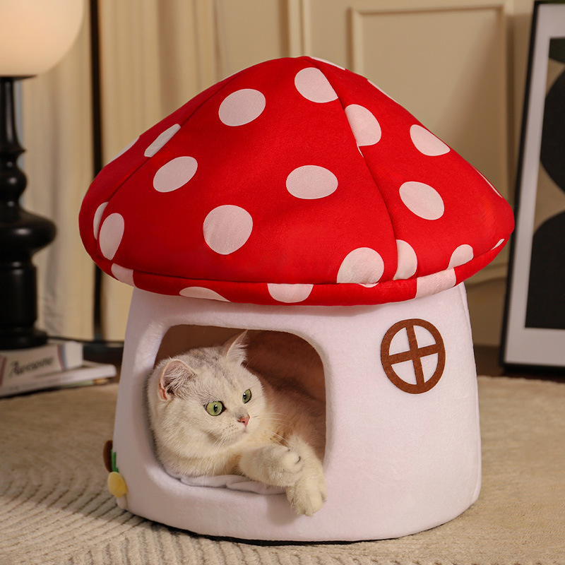 Red Mushroom Fabric Cat Bed Enclosed Winter Warm - Image 4