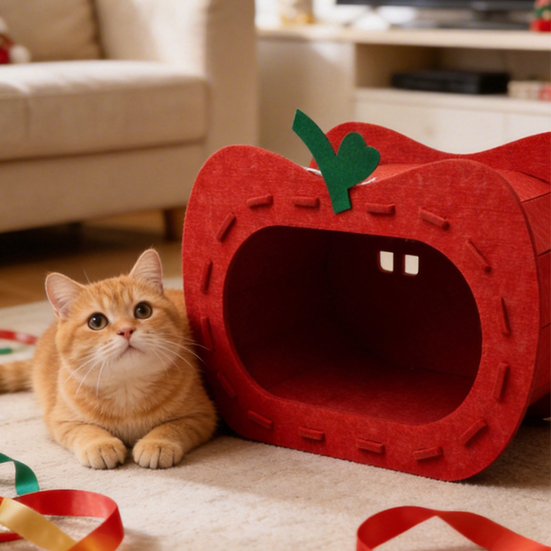 Felt Red Apple Cat Tunnel Bed Large - Image 4