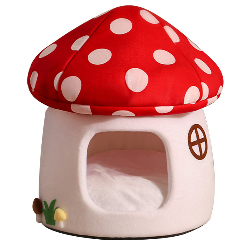 Red Mushroom Fabric Cat Bed Enclosed Winter Warm - Image 5