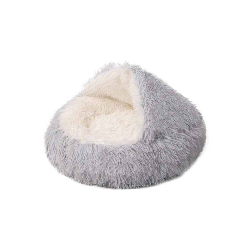 Long Plush Shell Hooded Cat Bed Semi Enclosed Winter Warm Pet Bed - Image 5