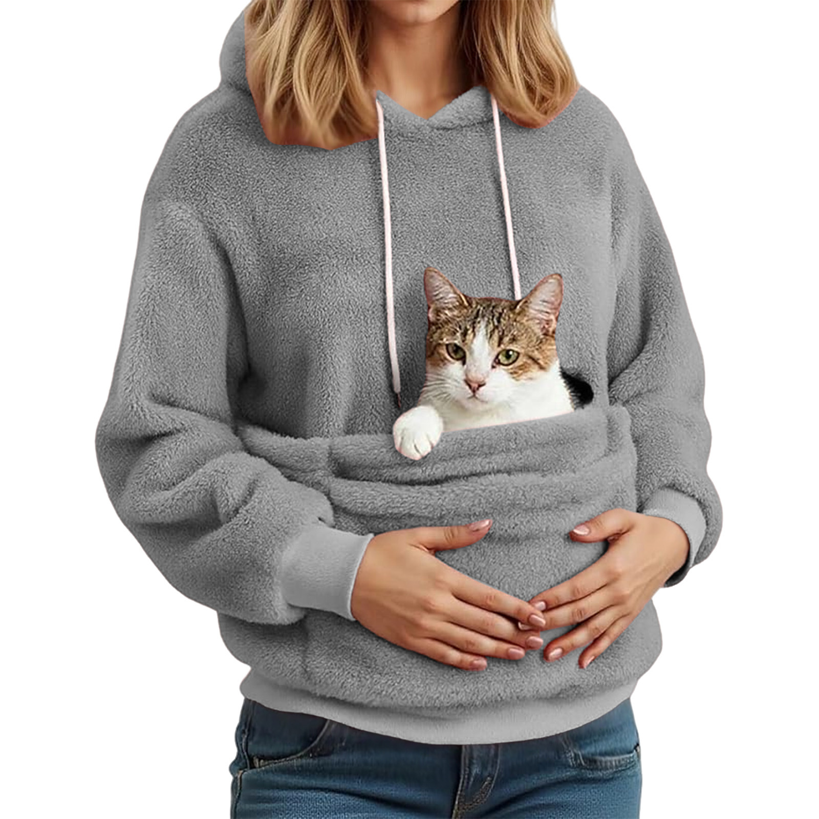 Fleece Pet Pocket Hoodie — Drawstring Kangaroo Pouch - Image 3
